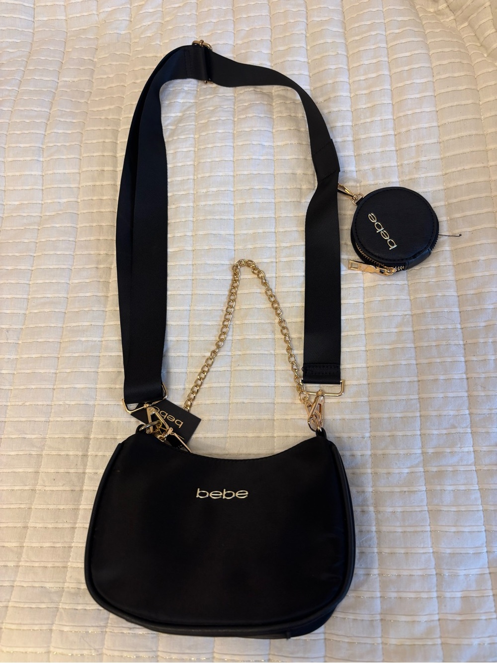 bebe Black Crossbody with Gold Chain & Coin Pouch